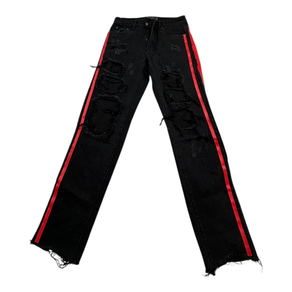 American Bazi Black‎ Distressed Jeans Red Stripe Raw Hem Size S
